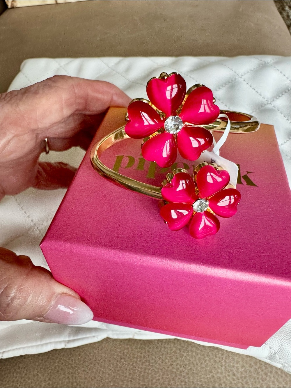Piper K - Gold  Bangle Bracelet with Bright Pink Floral Accents and Glass Stones